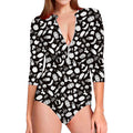 Blue And White Vegan Pattern Print Long Sleeve Swimsuit