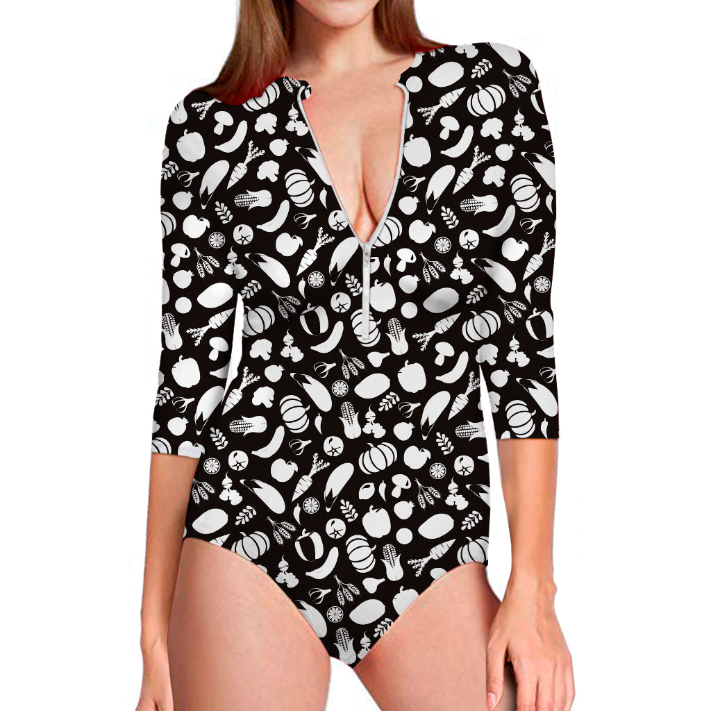 Blue And White Vegan Pattern Print Long Sleeve Swimsuit