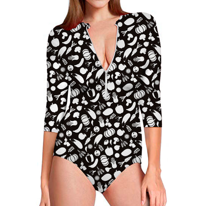 Blue And White Vegan Pattern Print Long Sleeve Swimsuit