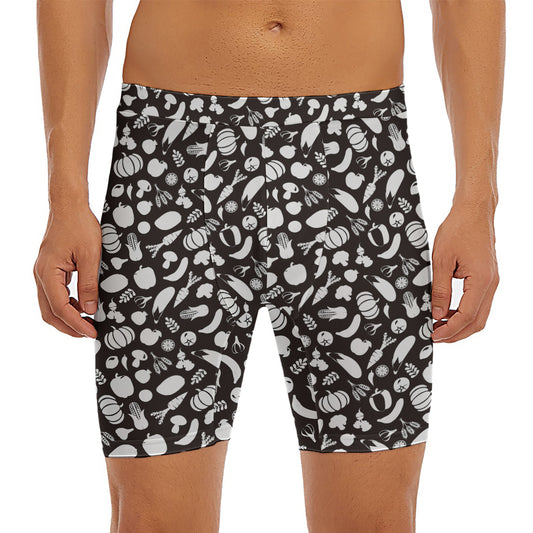 Blue And White Vegan Pattern Print Men's Long Boxer Briefs