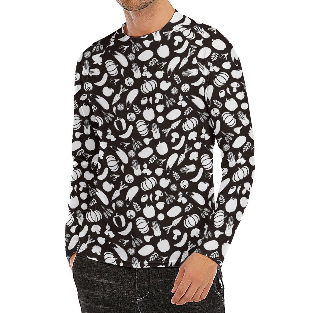 Blue And White Vegan Pattern Print Men's Long Sleeve Rash Guard