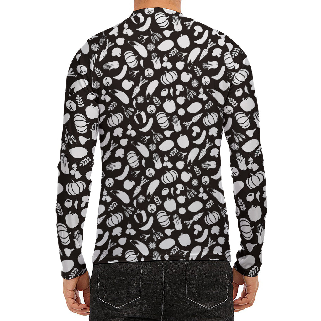 Blue And White Vegan Pattern Print Men's Long Sleeve Rash Guard