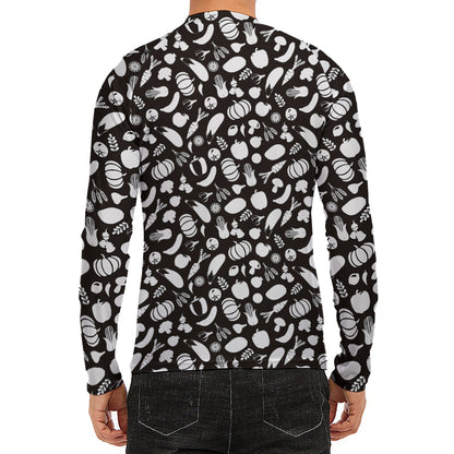 Blue And White Vegan Pattern Print Men's Long Sleeve Rash Guard