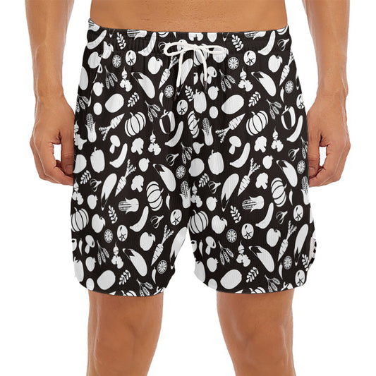 Blue And White Vegan Pattern Print Men's Split Running Shorts