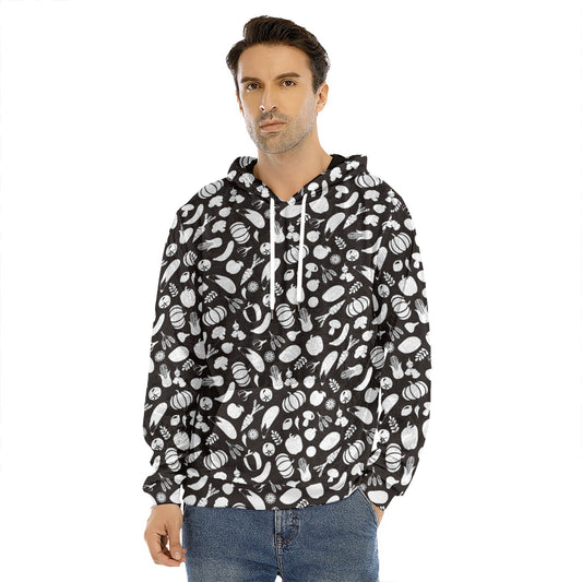 Blue And White Vegan Pattern Print Men's Velvet Pullover Hoodie