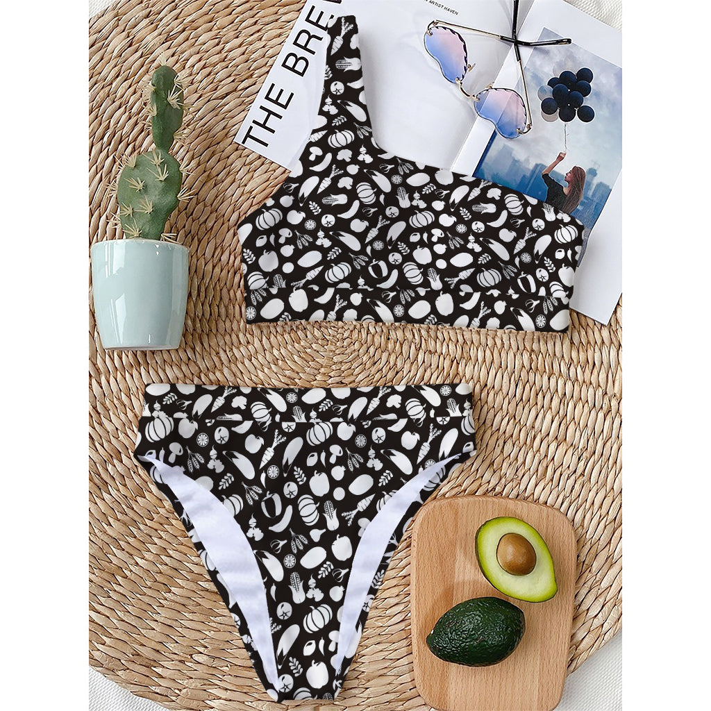 Blue And White Vegan Pattern Print One Shoulder Bikini Top