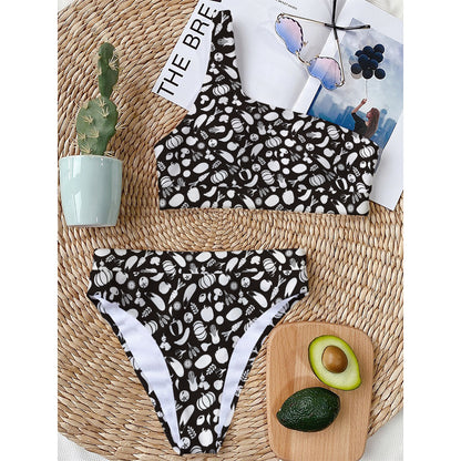 Blue And White Vegan Pattern Print One Shoulder Bikini Top
