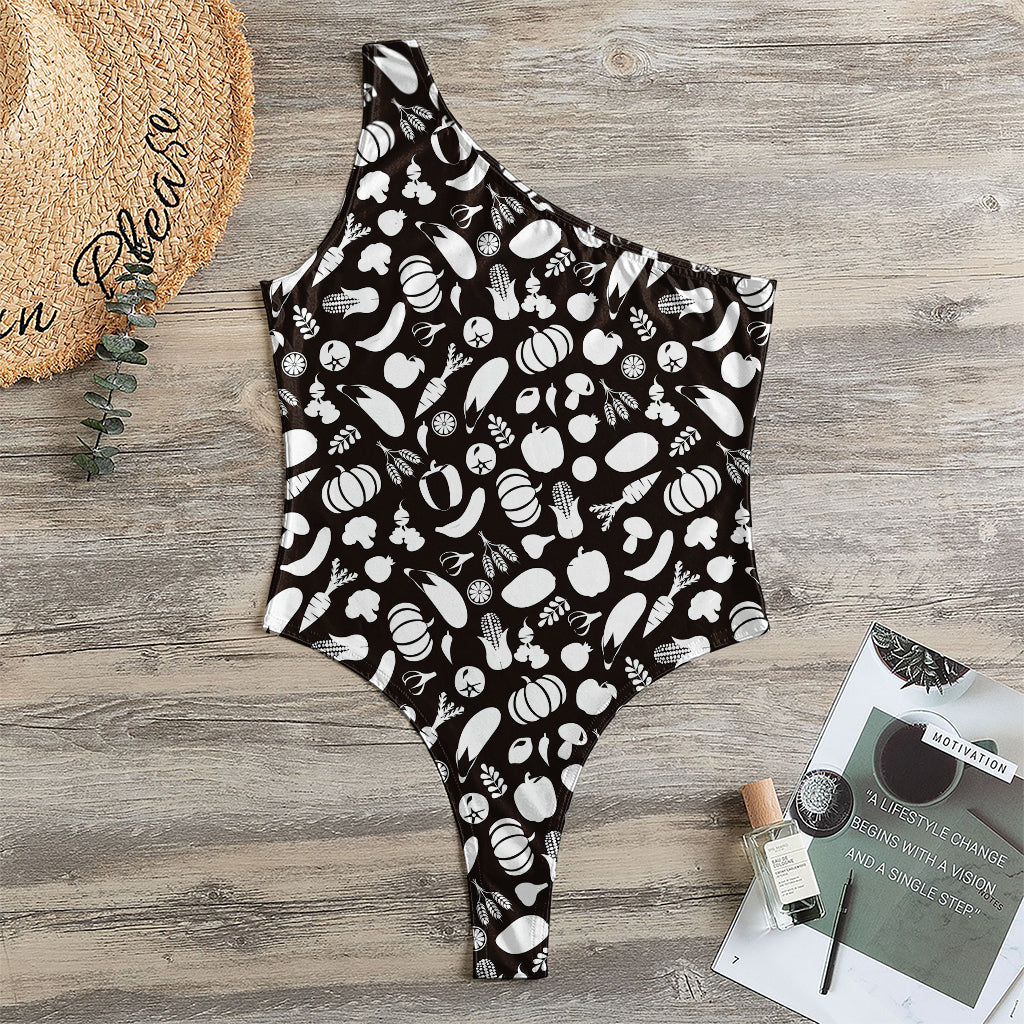 Blue And White Vegan Pattern Print One Shoulder Bodysuit