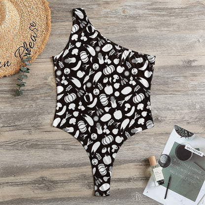 Blue And White Vegan Pattern Print One Shoulder Bodysuit