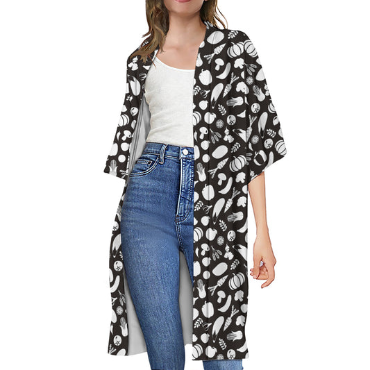 Blue And White Vegan Pattern Print Open Front Beach Cover Up