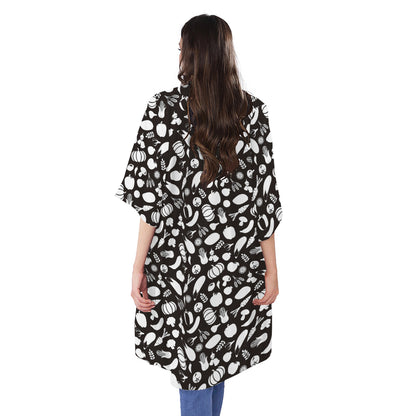 Blue And White Vegan Pattern Print Open Front Beach Cover Up