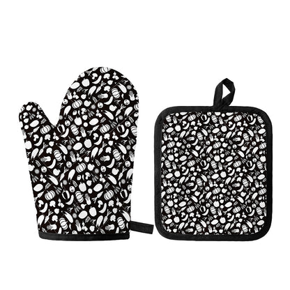 Blue And White Vegan Pattern Print Oven Mitt And Pot Holder Set