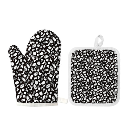 Blue And White Vegan Pattern Print Oven Mitt And Pot Holder Set