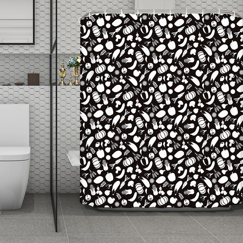 Blue And White Vegan Pattern Print Polyester Shower Curtain