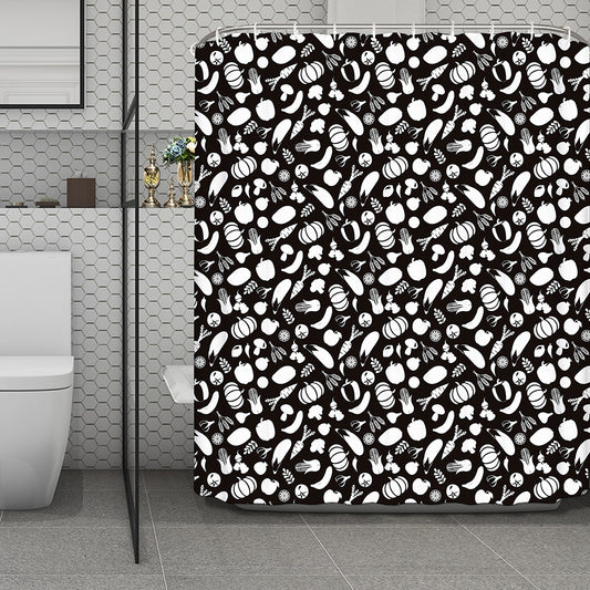 Blue And White Vegan Pattern Print Polyester Shower Curtain