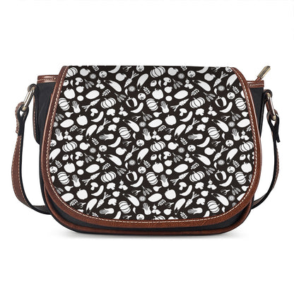 Blue And White Vegan Pattern Print Saddle Bag