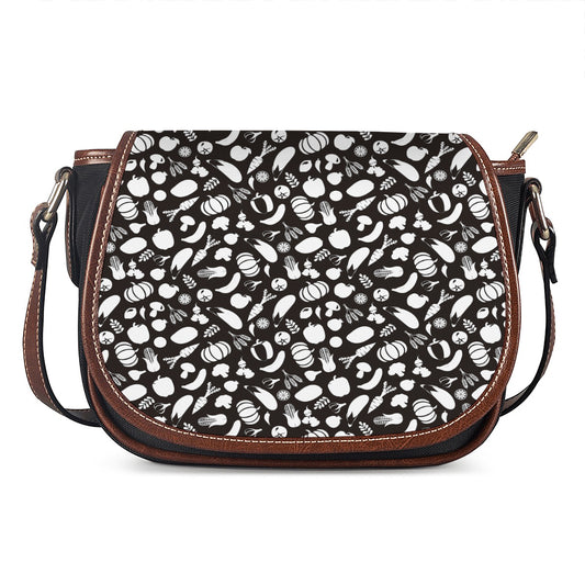 Blue And White Vegan Pattern Print Saddle Bag