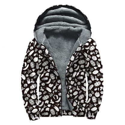 Blue And White Vegan Pattern Print Sherpa Lined Zip Up Hoodie