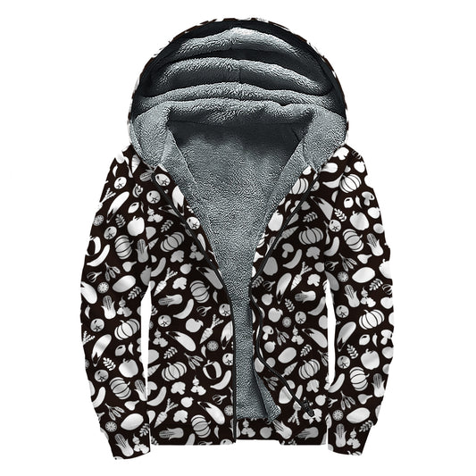Blue And White Vegan Pattern Print Sherpa Lined Zip Up Hoodie