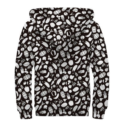 Blue And White Vegan Pattern Print Sherpa Lined Zip Up Hoodie