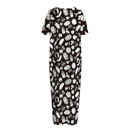 Blue And White Vegan Pattern Print Short Sleeve Long Nightdress