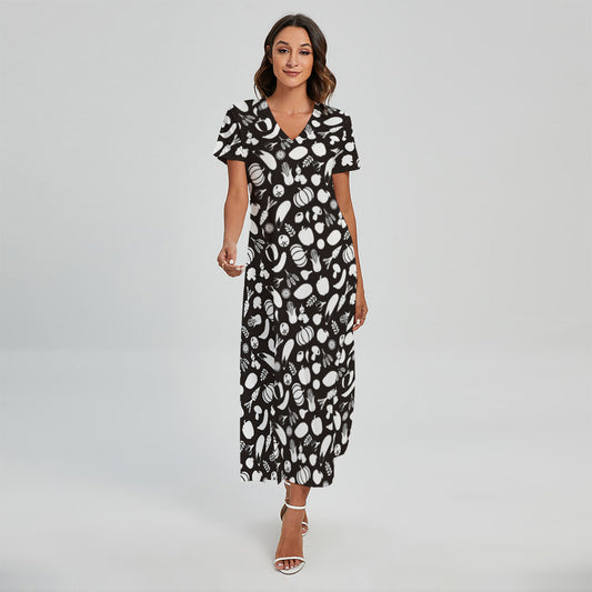 Blue And White Vegan Pattern Print Short Sleeve Maxi Dress