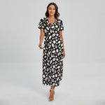 Blue And White Vegan Pattern Print Short Sleeve Maxi Dress
