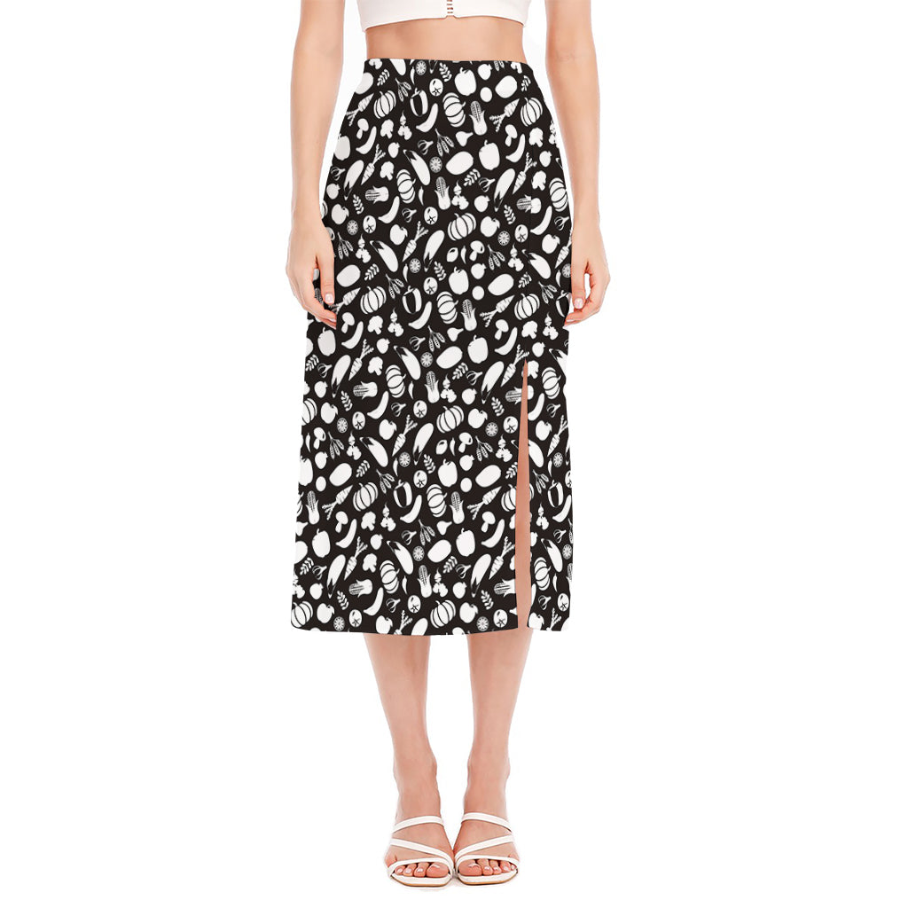 Blue And White Vegan Pattern Print Side Slit Midi Skirt