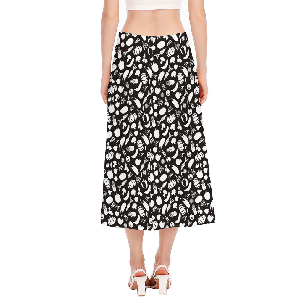 Blue And White Vegan Pattern Print Side Slit Midi Skirt