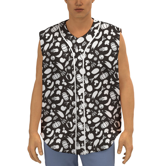 Blue And White Vegan Pattern Print Sleeveless Baseball Jersey
