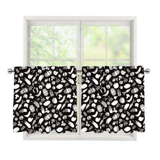 Blue And White Vegan Pattern Print Tier Curtains