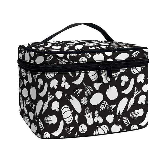 Blue And White Vegan Pattern Print Travel Makeup Bag