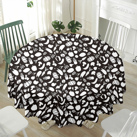 Blue And White Vegan Pattern Print Waterproof Round Tablecloth