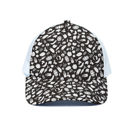 Blue And White Vegan Pattern Print White Mesh Trucker Cap