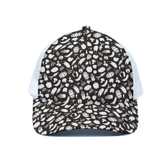 Blue And White Vegan Pattern Print White Mesh Trucker Cap