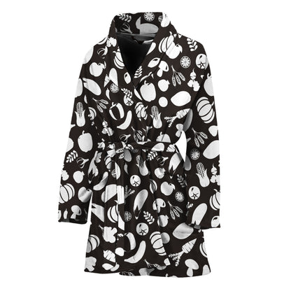 Blue And White Vegan Pattern Print Women's Bathrobe