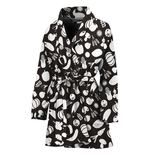 Blue And White Vegan Pattern Print Women's Bathrobe