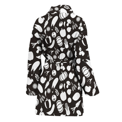 Blue And White Vegan Pattern Print Women's Bathrobe