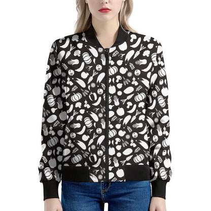 Blue And White Vegan Pattern Print Women's Bomber Jacket