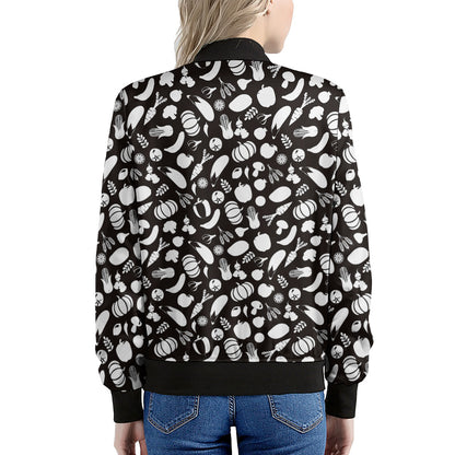 Blue And White Vegan Pattern Print Women's Bomber Jacket