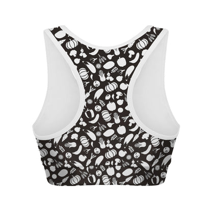 Blue And White Vegan Pattern Print Women's Sports Bra