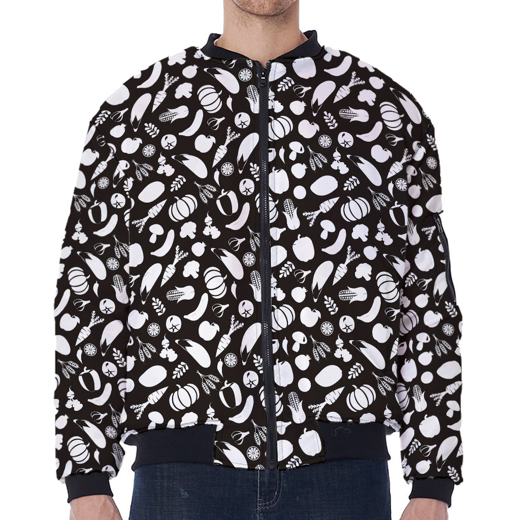 Blue And White Vegan Pattern Print Zip Sleeve Bomber Jacket