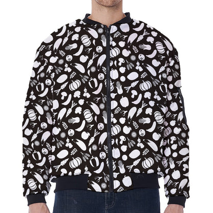 Blue And White Vegan Pattern Print Zip Sleeve Bomber Jacket