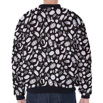 Blue And White Vegan Pattern Print Zip Sleeve Bomber Jacket