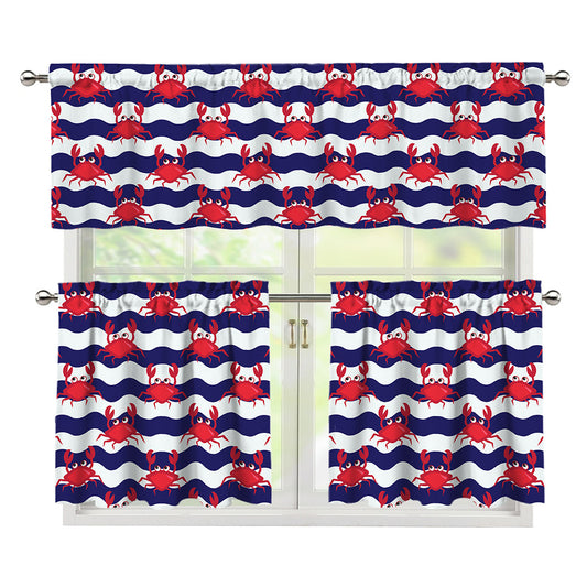 Blue And White Wave Crab Pattern Print 3 Piece Kitchen Curtains
