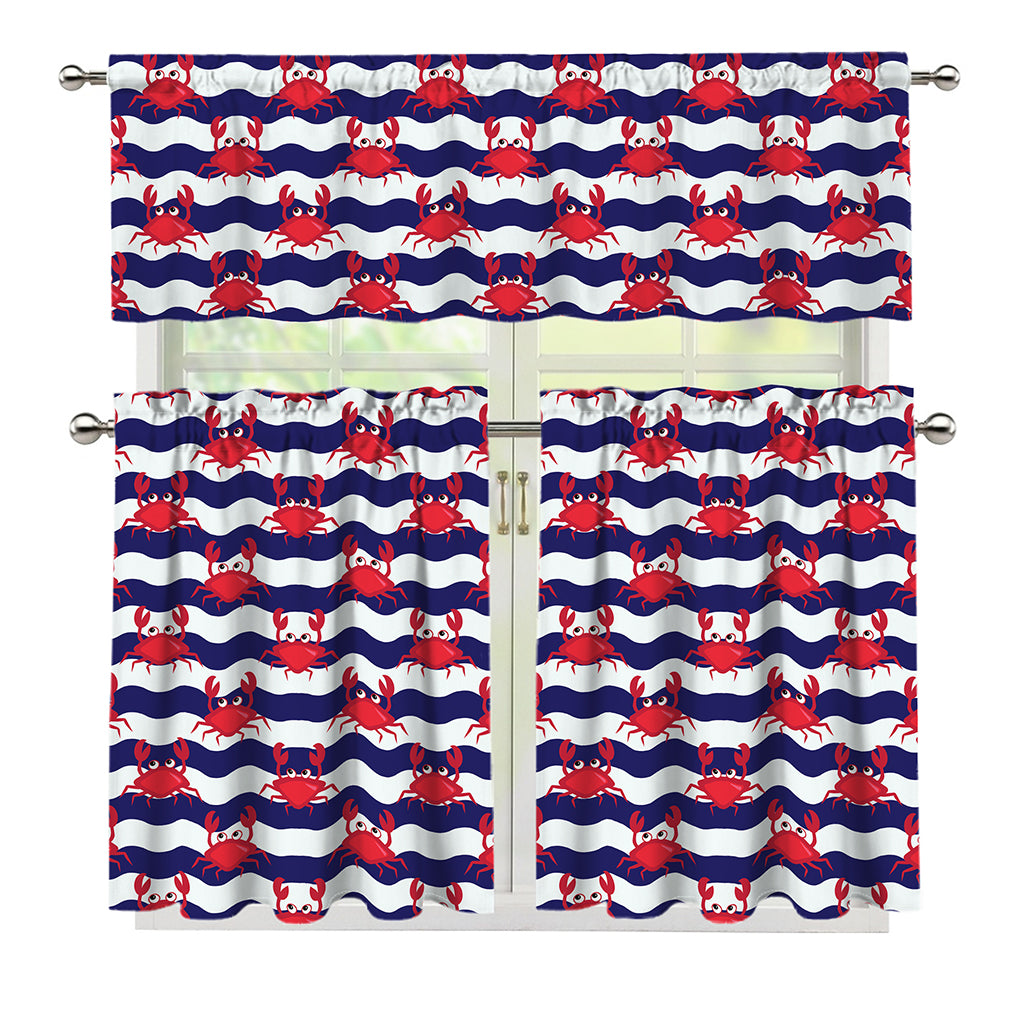 Blue And White Wave Crab Pattern Print 3 Piece Kitchen Curtains