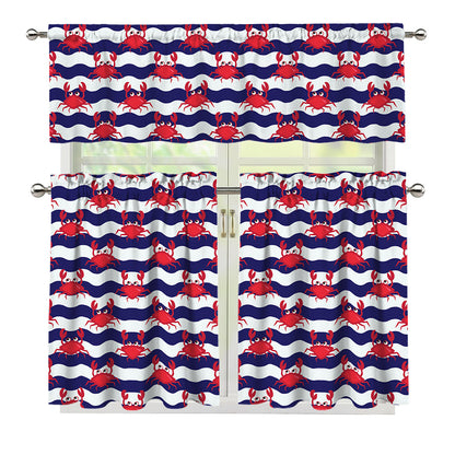 Blue And White Wave Crab Pattern Print 3 Piece Kitchen Curtains