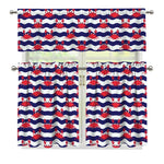 Blue And White Wave Crab Pattern Print 3 Piece Kitchen Curtains