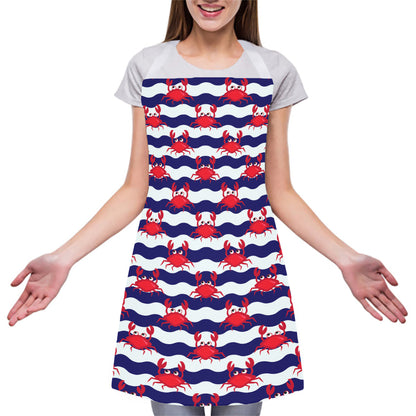 Blue And White Wave Crab Pattern Print Adjustable Apron