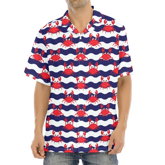 Blue And White Wave Crab Pattern Print Aloha Shirt